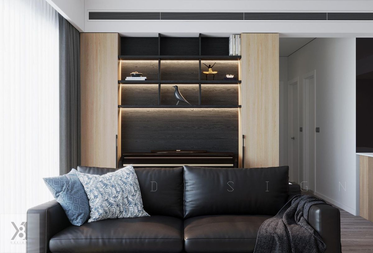 Nội thất căn hộ Vinhomes D'Capitale Hà Nội phòng khách sofa da đen - X8Design
