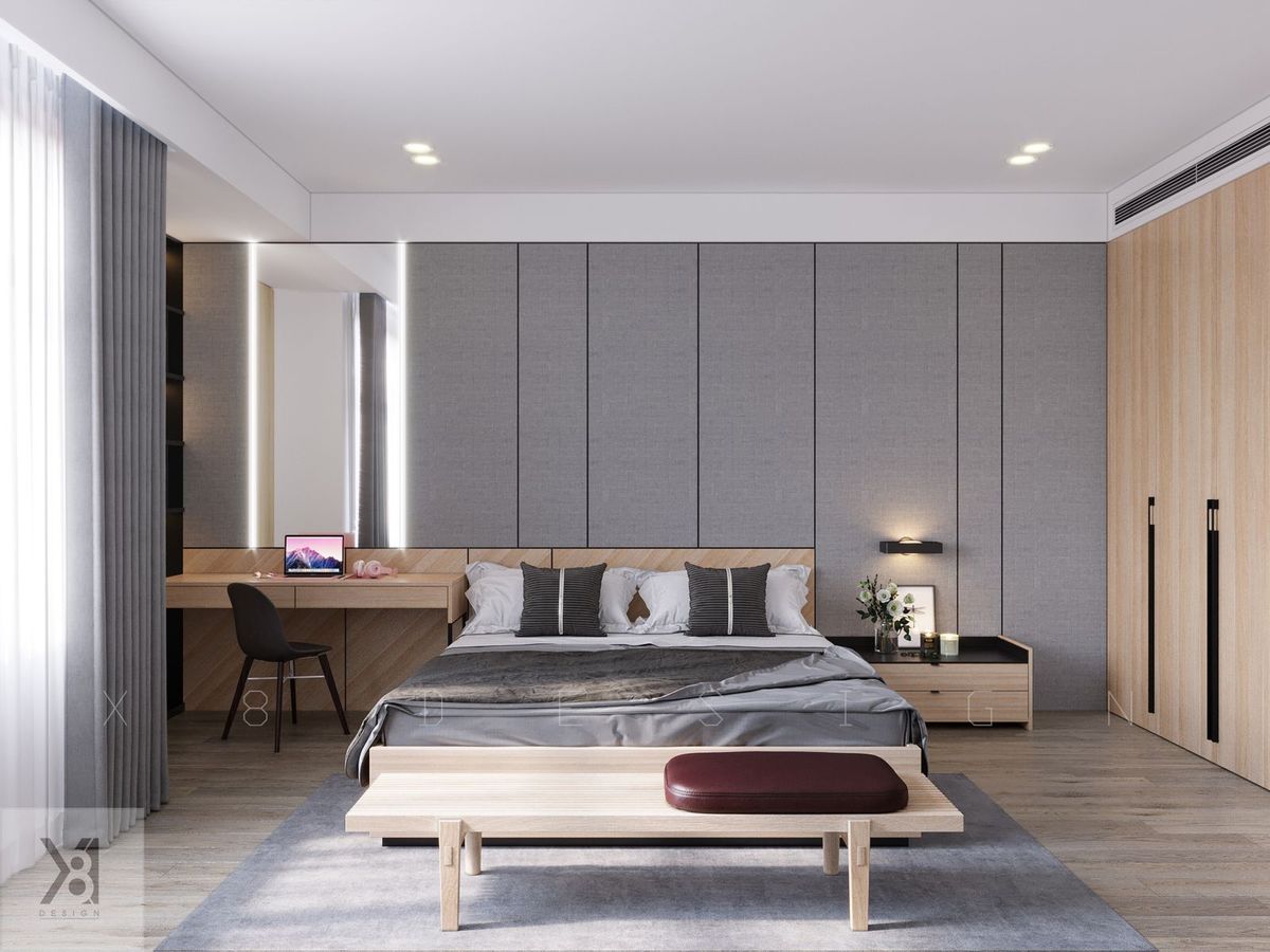 Phòng ngủ master căn hộ Vinhomes D'Capitale vách ốp nỉ