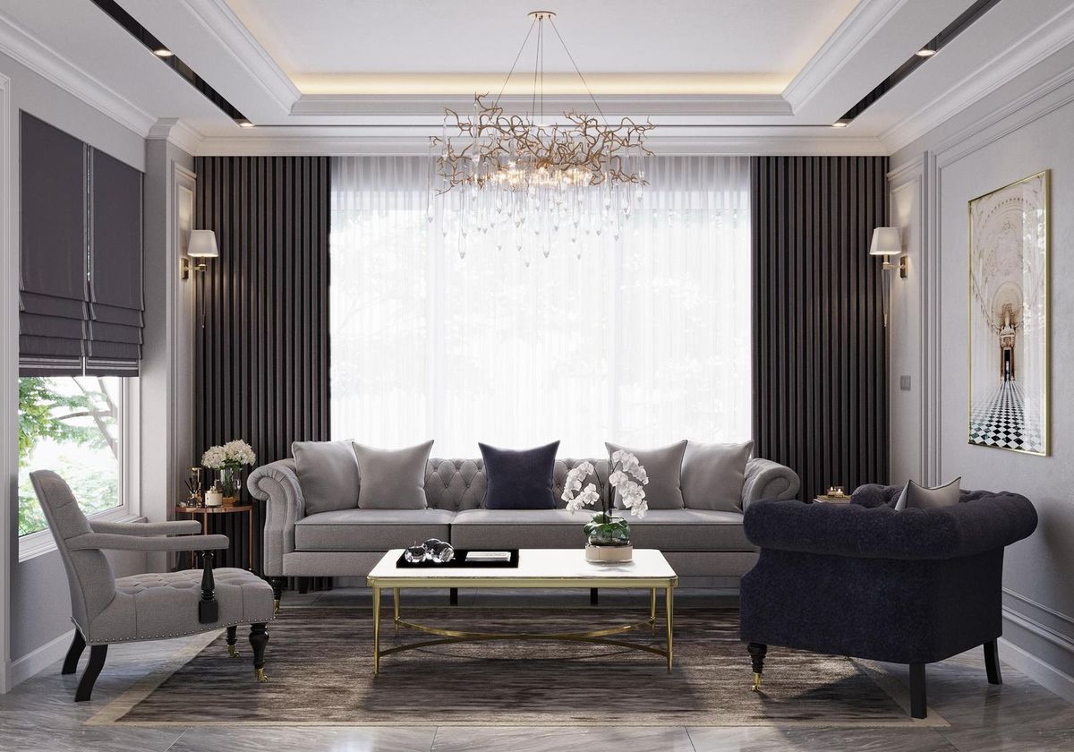 Nội thất tân cổ điển đá marble phòng khách tông ghi - X8Design