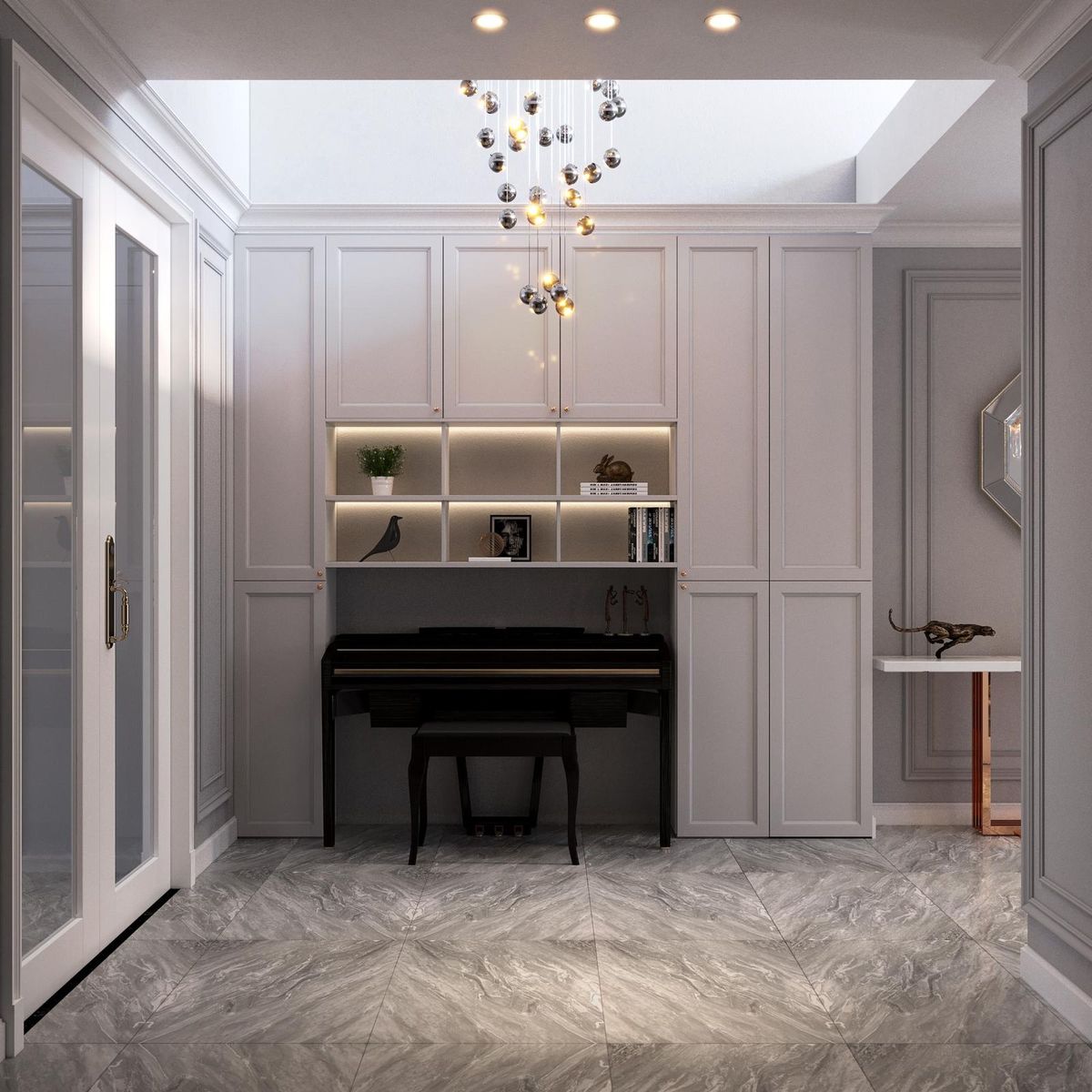 Góc piano ở sảnh với đèn thả giọt nước Góc đặt piano sảnh tân cổ điển