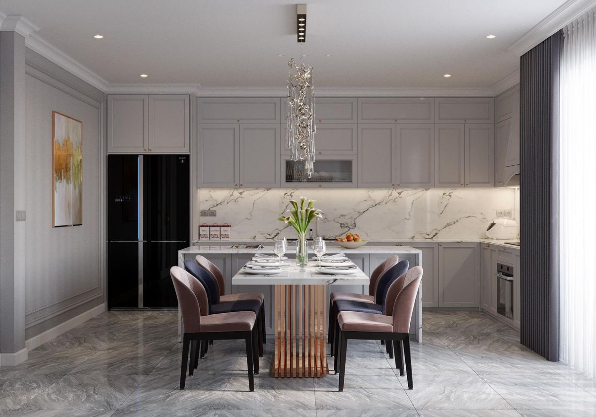 Bếp chữ L với đảo bếp đá marble vân mây Bếp đảo đá marble vân mây tân cổ điển