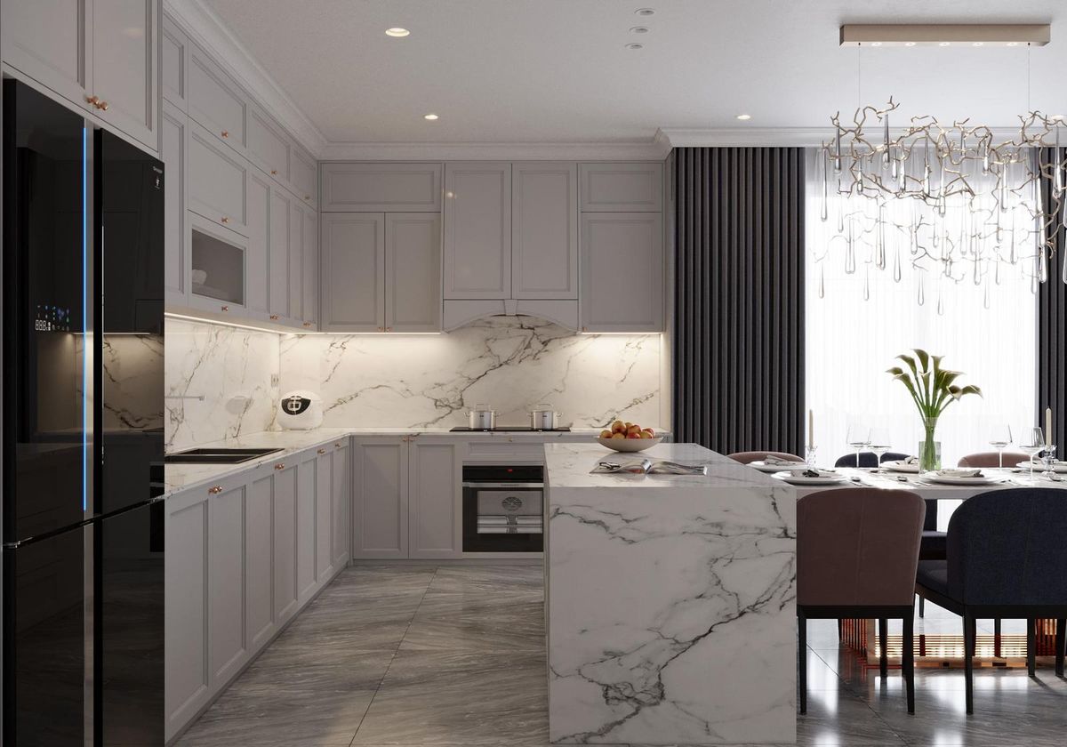 Bàn ăn nối liền đảo bếp đá, ghế bọc hồng và xanh Bàn ăn liền đảo bếp đá marble