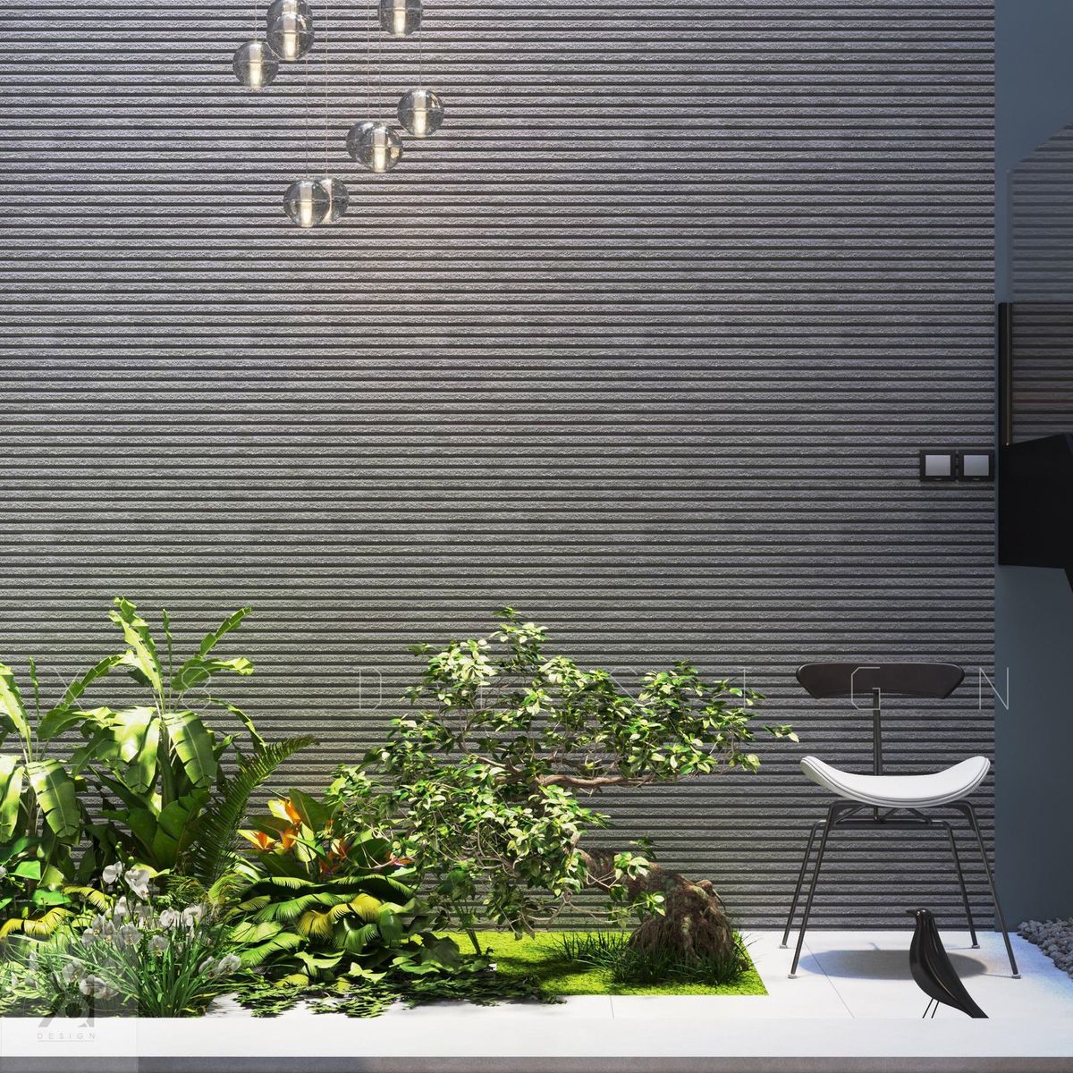 Mảng tường gạch ốp xám làm nền cho vườn trong nhà Mảng tường gạch và cây xanh dưới giếng trời