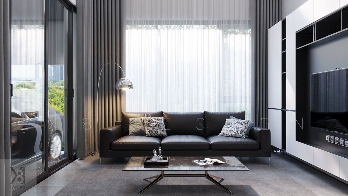 Phòng khách với sofa da đen và kệ tivi trắng đen Phòng khách nhà phố hiện đại tông xám