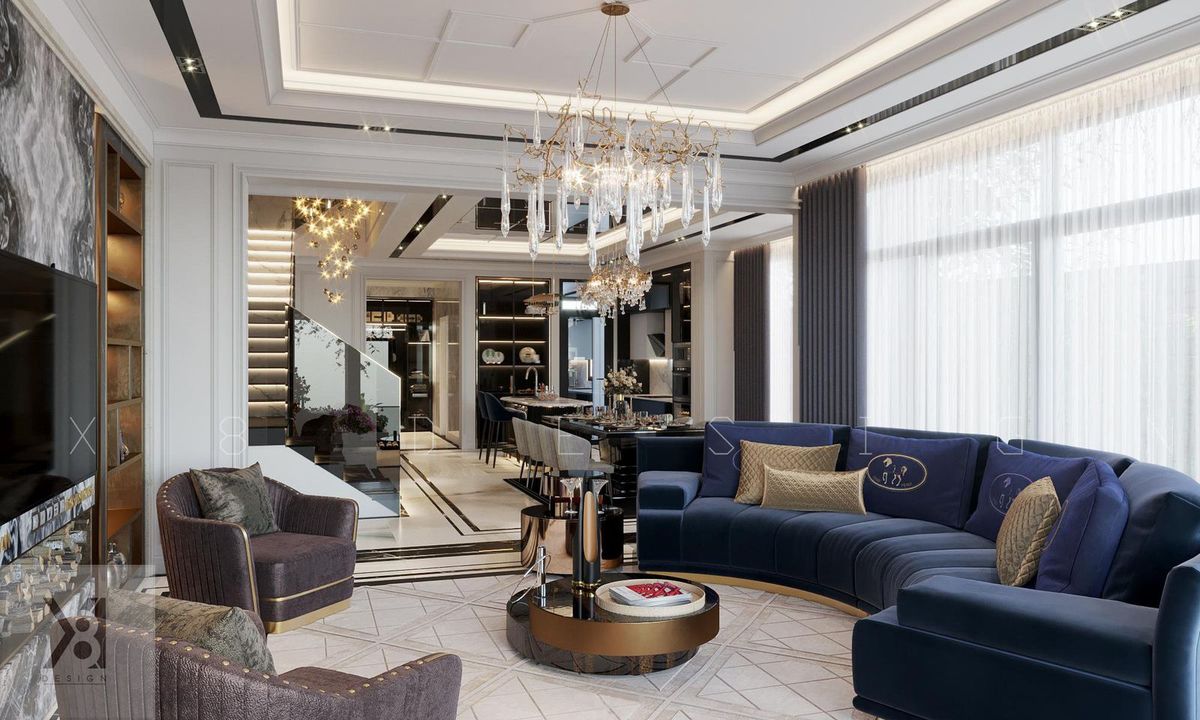 Phòng khách với sofa nhung xanh và đèn chùm pha lê Phòng khách biệt thự cao cấp sofa nhung xanh navy