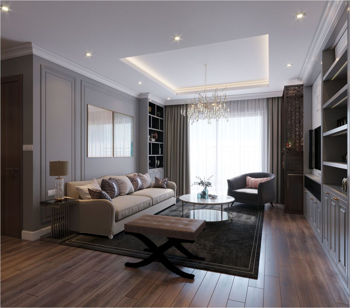 Thiết kế nội thất căn hộ tân cổ điển tông ghi phòng khách - X8Design