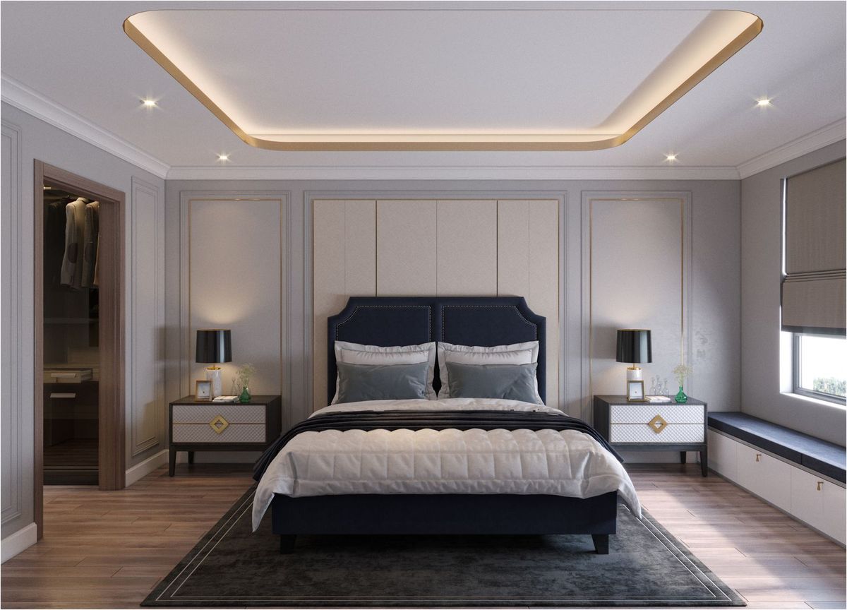 Bếp tân cổ điển với đảo bếp đá trắng Bếp căn hộ tân cổ điển đảo bếp đá trắng
