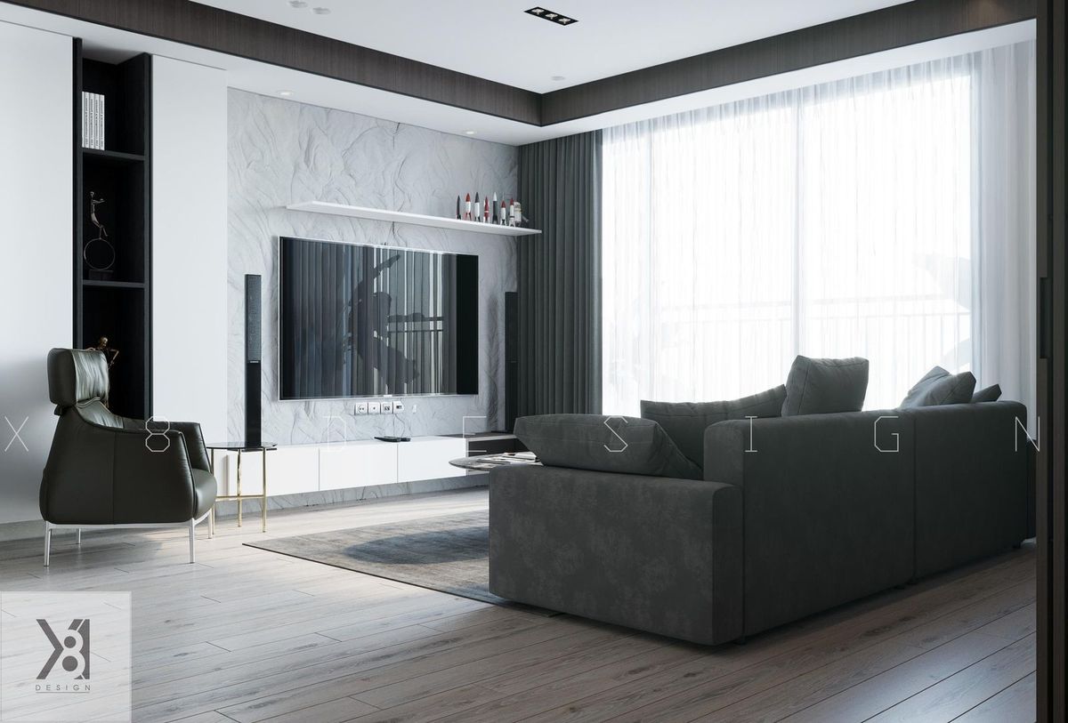 Thiết kế nội thất chung cư Cầu Giấy Center Point 110 phòng khách tông xám - X8Design