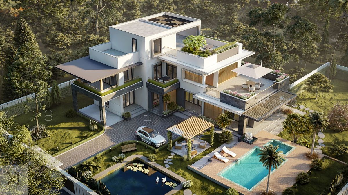 Phối cảnh tổng thể Villa Thái Bình nhìn từ trên cao Phối cảnh tổng thể biệt thự hiện đại sân vườn Villa Thái Bình nhìn từ trên cao