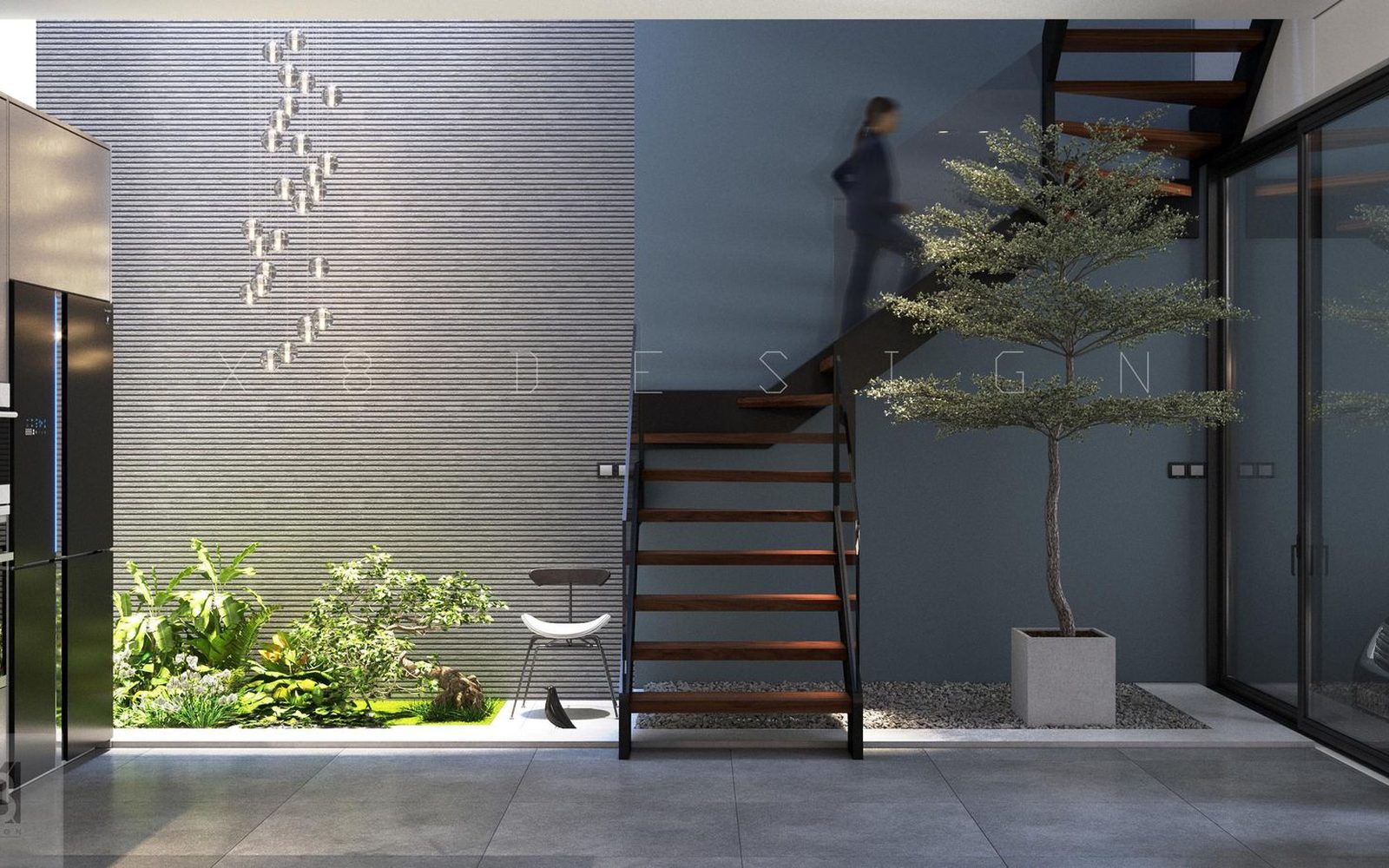Thiết kế nội thất nhà phố hiện đại có giếng trời cây xanh - X8DESIGN